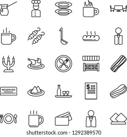 Thin Line Icon Set - hot cup vector, spoon and fork, coffee, waiter, cook, alcohol, serviette, cafe, reserved, plates, bacon, bread, candle, table, alcove, credit card, restaurant receipt, chicken