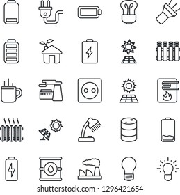 Thin Line Icon Set - hot cup vector, bulb, factory, oil barrel, battery, low, torch, charge, desk lamp, sun panel, heater, eco house, socket, power plug, water, radiator, idea