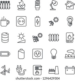 Thin Line Icon Set - hot cup vector, bulb, factory, fire, oil barrel, brightness, battery, charge, desk lamp, sun panel, windmill, eco house, socket, power plug, water heater, radiator