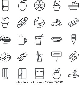 Thin Line Icon Set - hot cup vector, seedling, plant label, diet, fridge, drink, phyto bar, salad, bacon, kebab, dog, apple fruit, fan, palm sproute