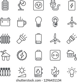 Thin Line Icon Set - hot cup vector, bulb, fire, battery, low, torch, brightness, charge, desk lamp, windmill, heater, home control, eco house, socket, power plug, water, radiator, idea