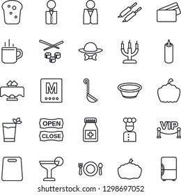 Thin Line Icon Set - hot cup vector, pumpkin, pills bottle, waiter, cook, restaurant table, cafe, menu, cocktail, phyto bar, bread, candle, vip zone, dress code, open close, credit card, kebab, bowl