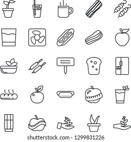Thin Line Icon Set - hot cup vector, seedling, plant label, diet, fridge, drink, phyto bar, salad, bacon, bread, kebab, dog, apple fruit, fan, palm sproute