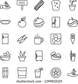 Thin Line Icon Set - hot cup vector, seedling, plant label, diet, fridge, drink, phyto bar, salad, bacon, bread, kebab, dog, apple fruit, fan, palm sproute