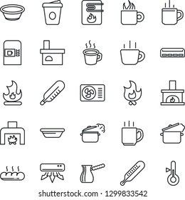 Thin Line Icon Set - hot cup vector, coffee machine, fire, fireplace, thermometer, air conditioner, bread, bowl, steaming pan, turkish, water heater