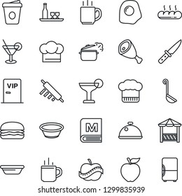 Thin Line Icon Set - hot cup vector, coffee, diet, dish, alcohol, cook hat, menu, cocktail, bread, vip zone, alcove, ham, hamburger, ladle, bowl, rolling pin, knife, steaming pan, omelette, fridge