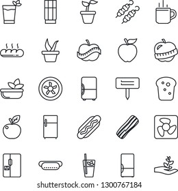 Thin Line Icon Set - hot cup vector, seedling, plant label, diet, fridge, drink, phyto bar, salad, bacon, bread, kebab, dog, apple fruit, fan, palm sproute