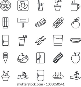 Thin Line Icon Set - hot cup vector, seedling, plant label, diet, fridge, drink, phyto bar, bacon, bread, kebab, dog, apple fruit, fan, palm sproute
