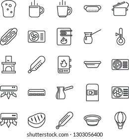Thin Line Icon Set - hot cup vector, coffee machine, fireplace, thermometer, air conditioner, bread, steak, dog, bowl, steaming pan, turkish, water heater, balloon