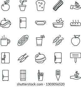 Thin Line Icon Set - hot cup vector, seedling, plant label, diet, fridge, drink, phyto bar, salad, bacon, bread, kebab, dog, apple fruit, palm sproute