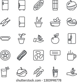 Thin Line Icon Set - hot cup vector, seedling, plant label, diet, fridge, drink, phyto bar, salad, bacon, kebab, dog, apple fruit, fan, palm sproute