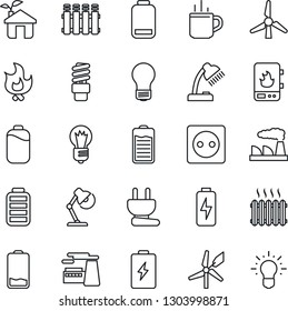 Thin Line Icon Set - hot cup vector, bulb, factory, fire, battery, low, charge, desk lamp, windmill, heater, eco house, socket, power plug, water, radiator, energy saving, idea