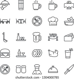 Thin Line Icon Set - hot cup vector, spoon and fork, cafe, cook, dish, alcohol, restaurant table, hat, drink, phyto bar, coffee, beer, salad, plates, waiter, salt pepper, vip zone, credit card