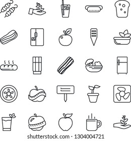 Thin Line Icon Set - hot cup vector, seedling, plant label, diet, fridge, drink, phyto bar, salad, bacon, bread, kebab, dog, apple fruit, fan, palm sproute