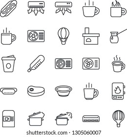 Thin Line Icon Set - hot cup vector, coffee machine, fireplace, thermometer, air conditioner, steak, dog, bowl, steaming pan, turkish, water heater, balloon