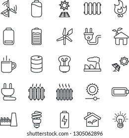Thin Line Icon Set - hot cup vector, factory, fire, oil barrel, battery, low, brightness, charge, windmill, heater, eco house, power plug, radiator, bulb, energy saving, sun panel, idea
