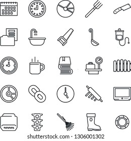 Thin Line Icon Set - hot cup vector, luggage scales, circle chart, farm fork, fence, rake, boot, saw, dropper, traffic light, clock, tv, chain, hdmi, calendar, pie graph, document folder, book