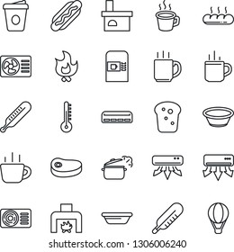 Thin Line Icon Set - hot cup vector, coffee machine, fire, fireplace, thermometer, air conditioner, bread, steak, dog, bowl, steaming pan, balloon
