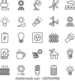 Thin Line Icon Set - hot cup vector, bulb, factory, battery, torch, brightness, desk lamp, sun panel, windmill, heater, eco house, socket, power plug, water, energy saving, idea