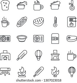 Thin Line Icon Set - hot cup vector, coffee machine, fire, fireplace, thermometer, air conditioner, bread, steak, dog, bowl, steaming pan, water heater, balloon
