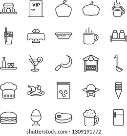 Thin Line Icon Set - hot cup vector, sickle, plant label, pumpkin, seeds, coffee, alcohol, restaurant table, cook hat, cocktail, phyto bar, beer, egg stand, salt and pepper, cafe building, vip zone