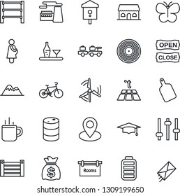 Thin Line Icon Set - hot cup vector, baggage larry, graduate, money bag, factory, butterfly, bird house, bike, pregnancy, pin, container, oil barrel, rack, vinyl, battery, tuning, windmill, rooms