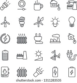Thin Line Icon Set - hot cup vector, bulb, factory, battery, torch, brightness, charge, windmill, heater, home control, power plug, water, energy saving