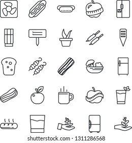 Thin Line Icon Set - hot cup vector, seedling, plant label, diet, fridge, drink, phyto bar, salad, bacon, bread, kebab, dog, apple fruit, fan, palm sproute