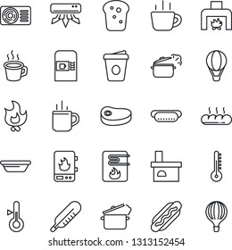 Thin Line Icon Set - hot cup vector, coffee machine, fire, fireplace, thermometer, air conditioner, bread, steak, dog, bowl, steaming pan, water heater, balloon