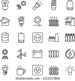 Thin Line Icon Set - hot cup vector, bulb, factory, oil barrel, low battery, torch, brightness, charge, windmill, heater, eco house, socket, radiator, energy saving, sun panel, idea