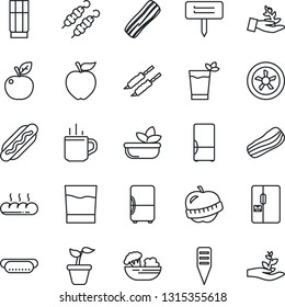 Thin Line Icon Set - hot cup vector, seedling, plant label, diet, fridge, drink, phyto bar, salad, bacon, bread, kebab, dog, apple fruit, fan, palm sproute