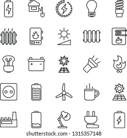 Thin Line Icon Set - hot cup vector, bulb, fire, battery, low, torch, brightness, charge, desk lamp, sun panel, windmill, heater, factory, home control, socket, power plug, water, radiator
