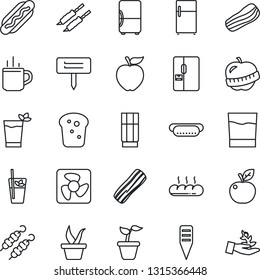 Thin Line Icon Set - hot cup vector, seedling, plant label, diet, fridge, drink, phyto bar, bacon, bread, kebab, dog, apple fruit, fan, palm sproute