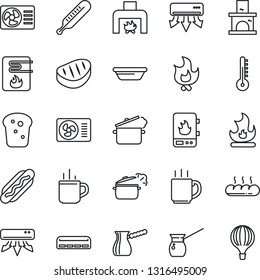Thin Line Icon Set - hot cup vector, fire, fireplace, thermometer, coffee, air conditioner, bread, steak, dog, bowl, steaming pan, turkish, water heater, balloon