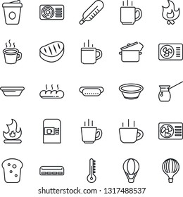 Thin Line Icon Set - hot cup vector, coffee machine, fire, thermometer, air conditioner, bread, steak, dog, bowl, steaming pan, turkish, balloon