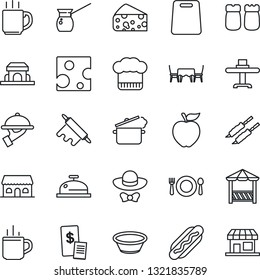 Thin Line Icon Set - hot cup vector, coffee, restaurant table, cafe, cook hat, reception, waiter, salt and pepper, building, dress code, alcove, receipt, kebab, dog, bowl, rolling pin, cutting board
