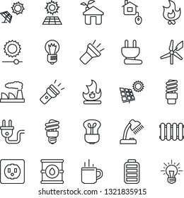 Thin Line Icon Set - hot cup vector, bulb, factory, fire, oil barrel, battery, torch, brightness, desk lamp, sun panel, home control, eco house, socket, power plug, radiator, energy saving, windmill