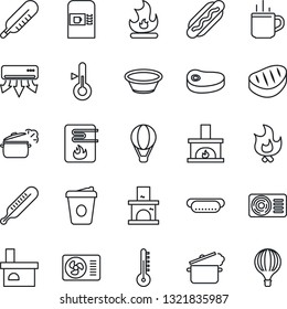 Thin Line Icon Set - hot cup vector, coffee machine, fire, fireplace, thermometer, air conditioner, steak, dog, bowl, steaming pan, water heater, balloon