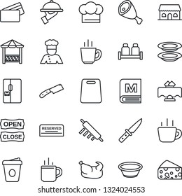 Thin Line Icon Set - hot cup vector, coffee, fridge, cook, restaurant table, hat, menu, reserved, plates, waiter, salt and pepper, cafe building, open close, alcove, credit card, chicken, ham, bowl