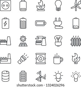 Thin Line Icon Set - hot cup vector, bulb, factory, fire, oil barrel, battery, low, torch, sun panel, windmill, heater, socket, power plug, idea