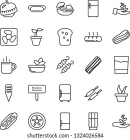 Thin Line Icon Set - hot cup vector, seedling, plant label, diet, fridge, drink, salad, bacon, bread, kebab, dog, fan, palm sproute