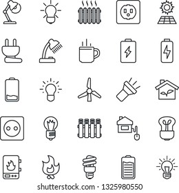 Thin Line Icon Set - hot cup vector, bulb, fire, battery, low, torch, charge, desk lamp, sun panel, windmill, heater, home control, eco house, socket, power plug, water, radiator, energy saving