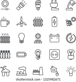 Thin Line Icon Set - hot cup vector, bulb, factory, torch, brightness, battery, charge, desk lamp, sun panel, windmill, heater, home control, eco house, socket, power plug, radiator, energy saving
