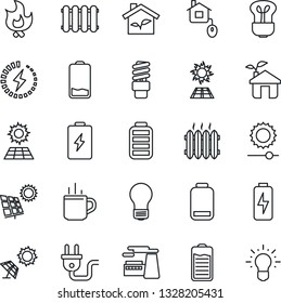 Thin Line Icon Set - hot cup vector, bulb, factory, fire, battery, low, brightness, charge, sun panel, heater, home control, eco house, power plug, radiator, energy saving, idea
