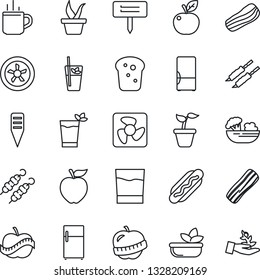 Thin Line Icon Set - hot cup vector, seedling, plant label, diet, fridge, drink, phyto bar, salad, bacon, bread, kebab, dog, apple fruit, fan, palm sproute