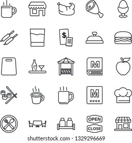 Thin Line Icon Set - hot cup vector, coffee, alcohol, cafe, cook hat, menu, reception, drink, egg stand, salt and pepper, table, open close, alcove, restaurant receipt, chicken, kebab, ham, sushi