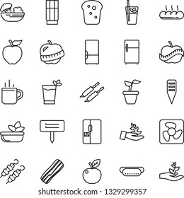 Thin Line Icon Set - hot cup vector, seedling, plant label, diet, fridge, drink, phyto bar, salad, bacon, bread, kebab, dog, apple fruit, fan, palm sproute