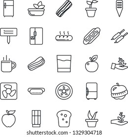 Thin Line Icon Set - hot cup vector, seedling, plant label, diet, fridge, drink, salad, bacon, bread, kebab, dog, apple fruit, fan, palm sproute