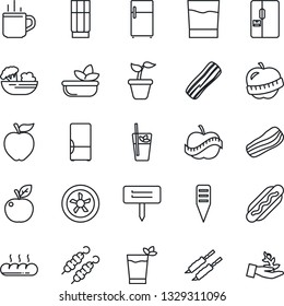 Thin Line Icon Set - hot cup vector, seedling, plant label, diet, fridge, drink, phyto bar, salad, bacon, bread, kebab, dog, apple fruit, fan, palm sproute