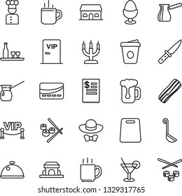 Thin Line Icon Set - hot cup vector, coffee, cook, dish, alcohol, cocktail, beer, bacon, egg stand, cafe building, candle, vip zone, dress code, credit card, restaurant receipt, ladle, cutting board